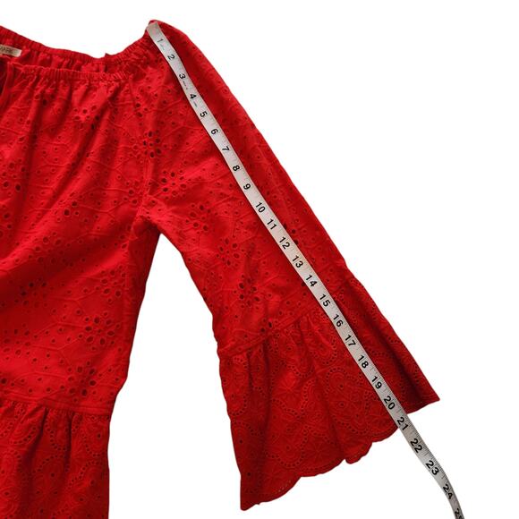John Mark Red Eyelet Peasant Blouse Top, Cotton, Ruffle Sleeves sz XL - Picture 10 of 12